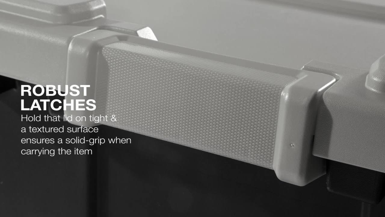 thumbnail video image 2 of Sterilite Extra Large Wheeled Industrial Storage Bin, 40 Gallon Rugged Plastic Storage Tote with Latch Lid and Pull Handle, Dark Gray, 2 of 10