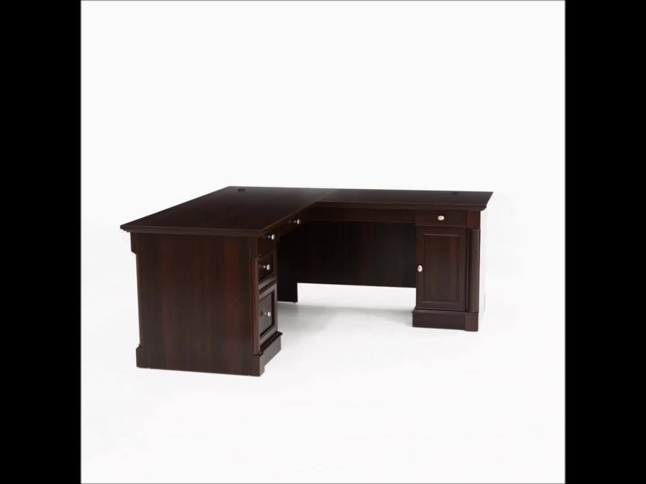 thumbnail video image 2 of Sauder Palladia Contemporary L-Shape Computer Desk, Select Cherry Finish, 2 of 9