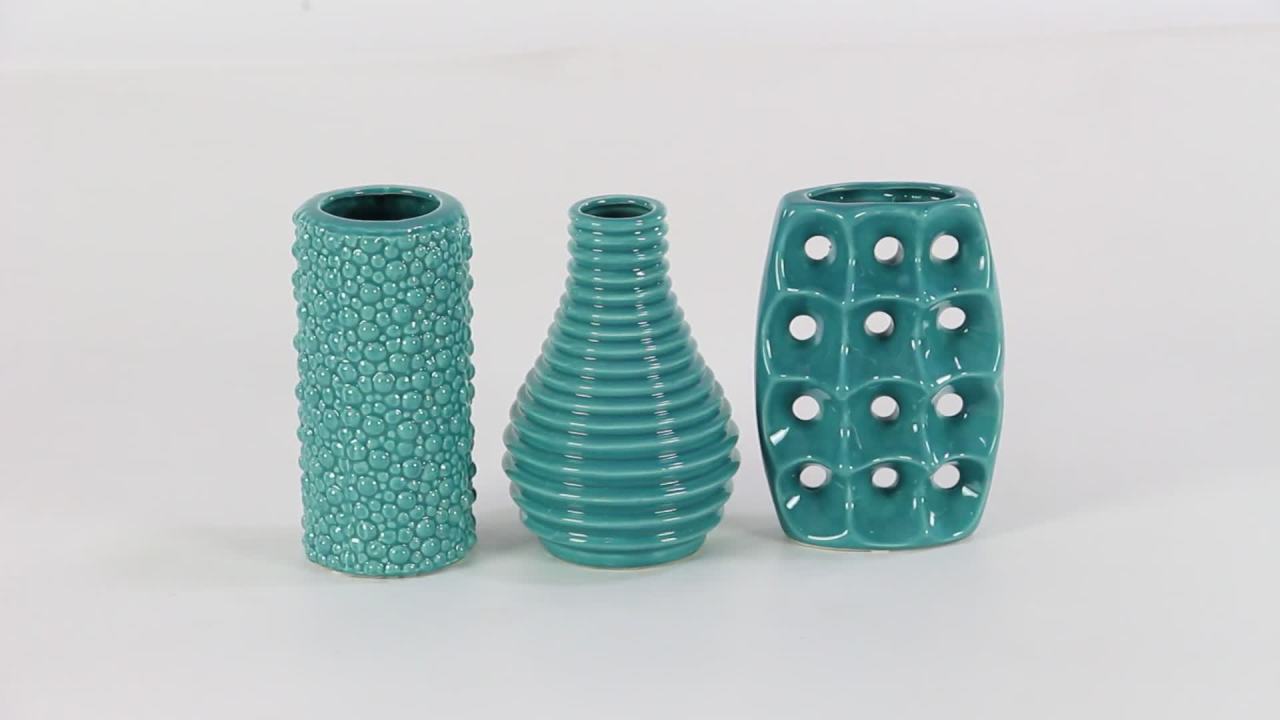 thumbnail video image 2 of DecMode 5"W, 8"H Blue Ceramic Vase with Varying Patterns, Set of 3, 2 of 16