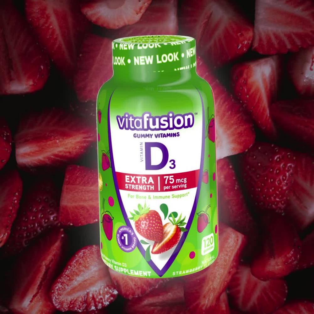 thumbnail video image 3 of vitafusion Extra Strength Vitamin D3 Gummy Vitamins, Bone and Immune System Support, 120 Count, 3 of 15