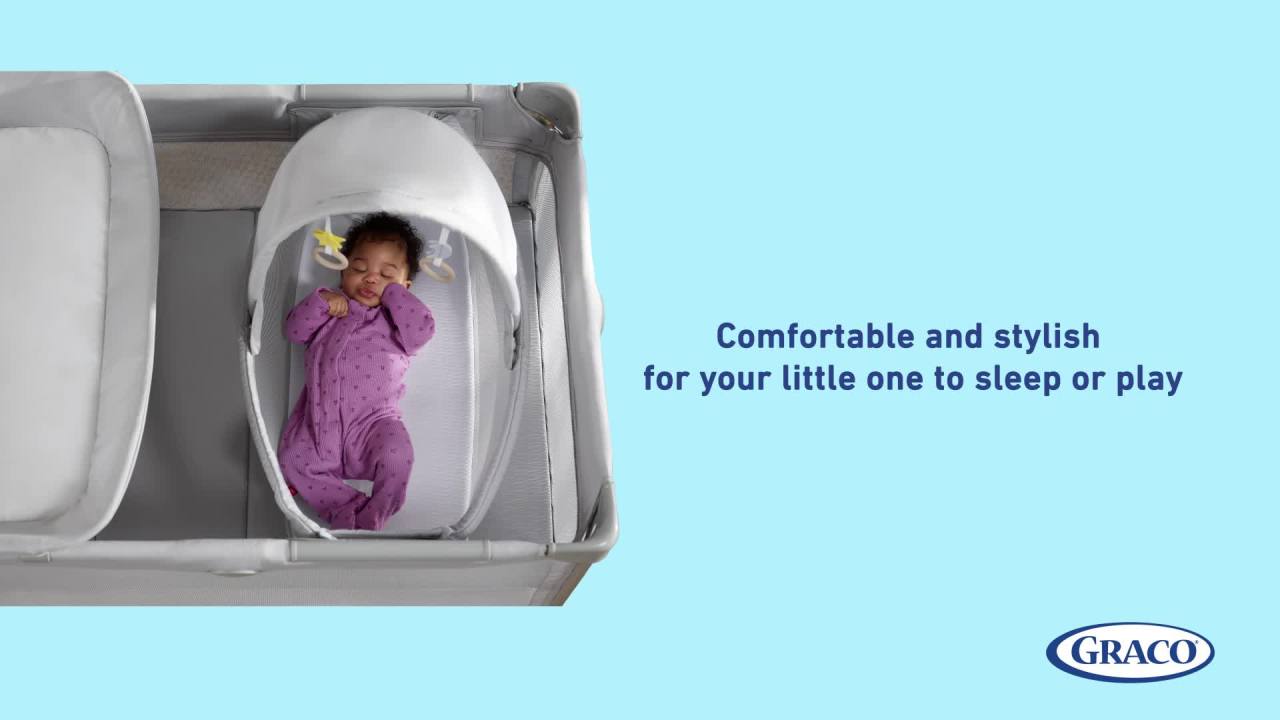 thumbnail video image 2 of Graco Pack 'n Play CareSuite Bassinet Lux Infant Toddler Playard, Sky Grey, 2 of 9