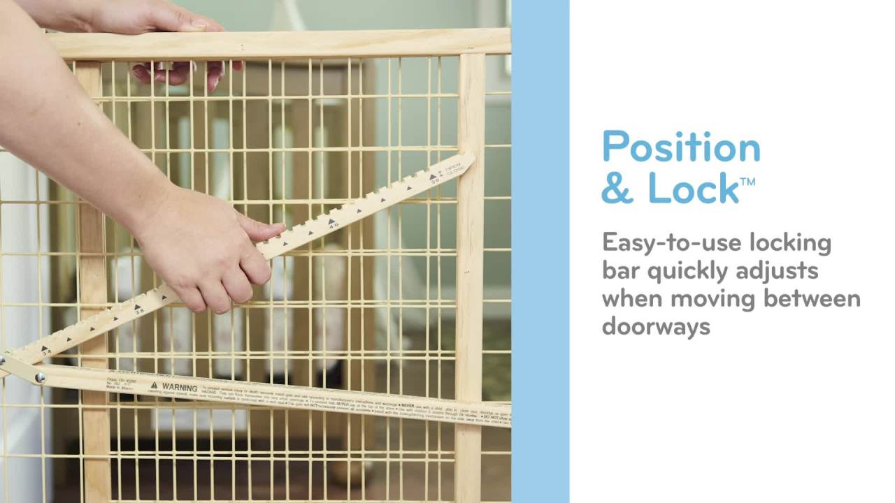 thumbnail video image 3 of Evenflo Position & Lock Tall and Wide Value Adjustable Baby Gate (Natural), Fits Openings 31 - 50 in. Wide, 3 of 8