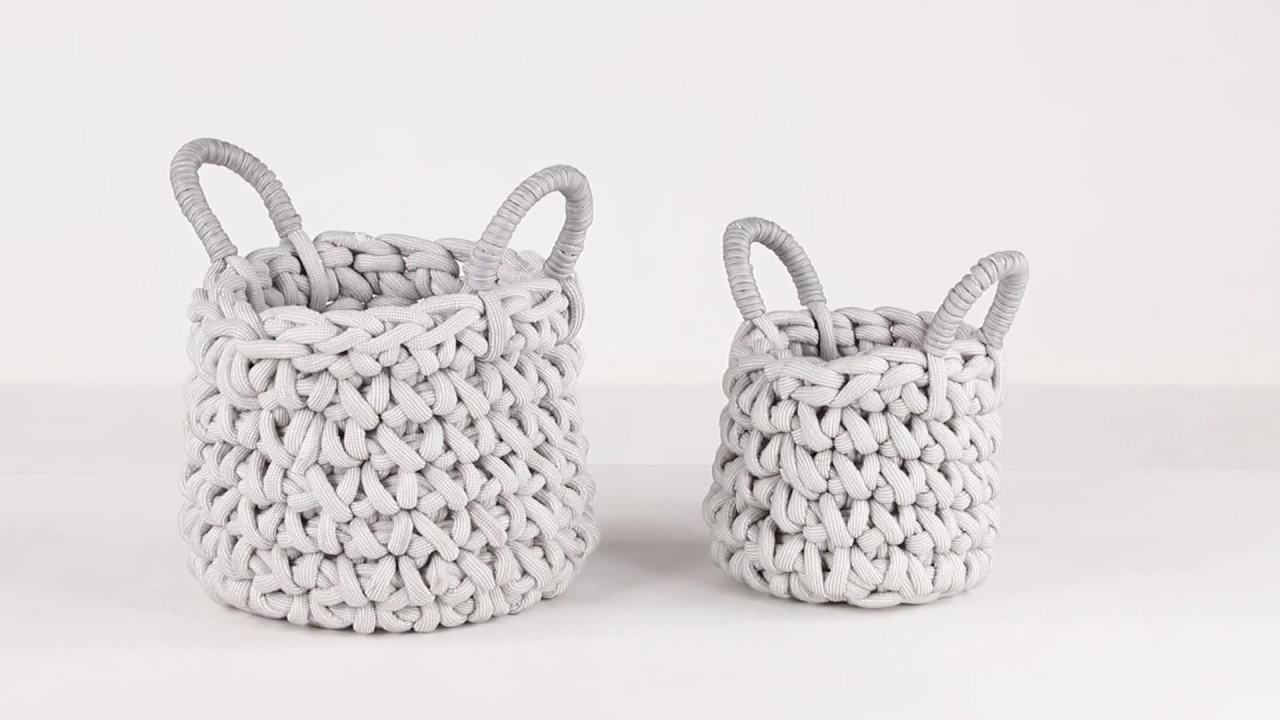 thumbnail video image 2 of CosmoLiving by Cosmopolitan 17", 12"H Gray Fabric Handmade Storage Basket with Handles, 2-Pieces, 2 of 15