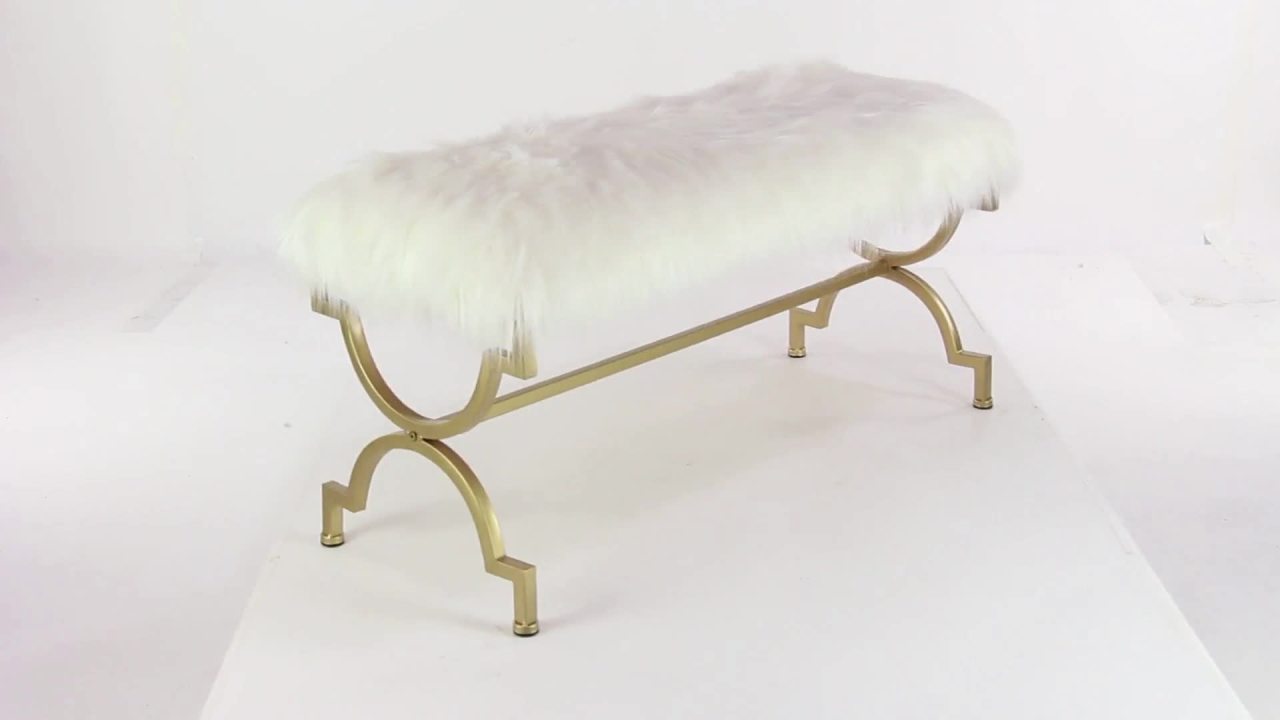 thumbnail video image 2 of DecMode Metal Bench with White Faux Fur Top, Gold, 2 of 10