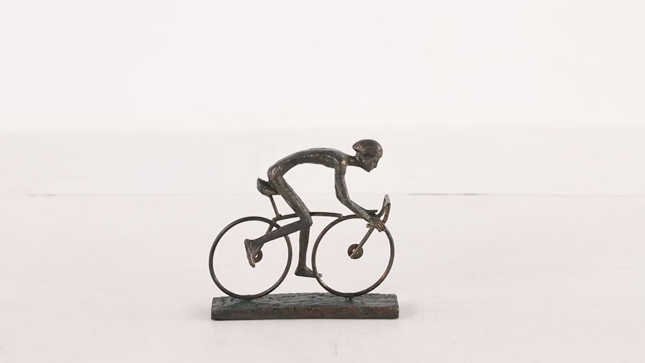 thumbnail video image 2 of 9" x 8" Bronze Polystone People Sculpture with Bike, by DecMode, 2 of 8
