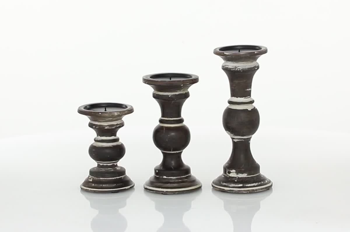 thumbnail video image 2 of DecMode 3 Candle Dark Brown Wood Candle Holder, Set of 3, 2 of 9