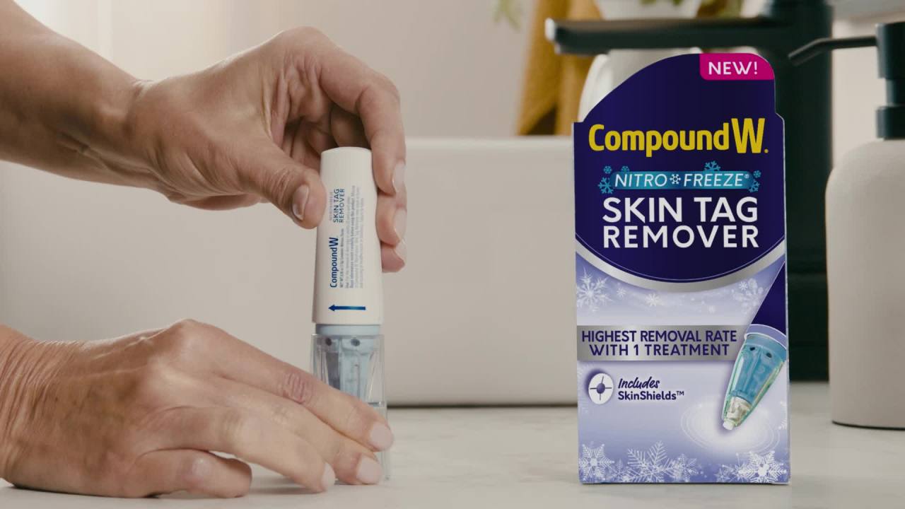 thumbnail video image 2 of Compound W Nitrofreeze Skin Tag Remover, FDA Approved with 1 Skin Tag Remover Pen, 4 Replacement Tips, and 6 SkinShields, 5 Treatments, 2 of 16