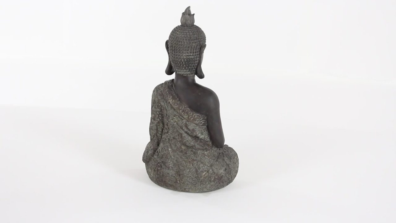 thumbnail video image 2 of 11" x 21" Brown Polystone Meditating Buddha Sculpture with Engraved Carvings and Relief Detailing, by DecMode, 2 of 10