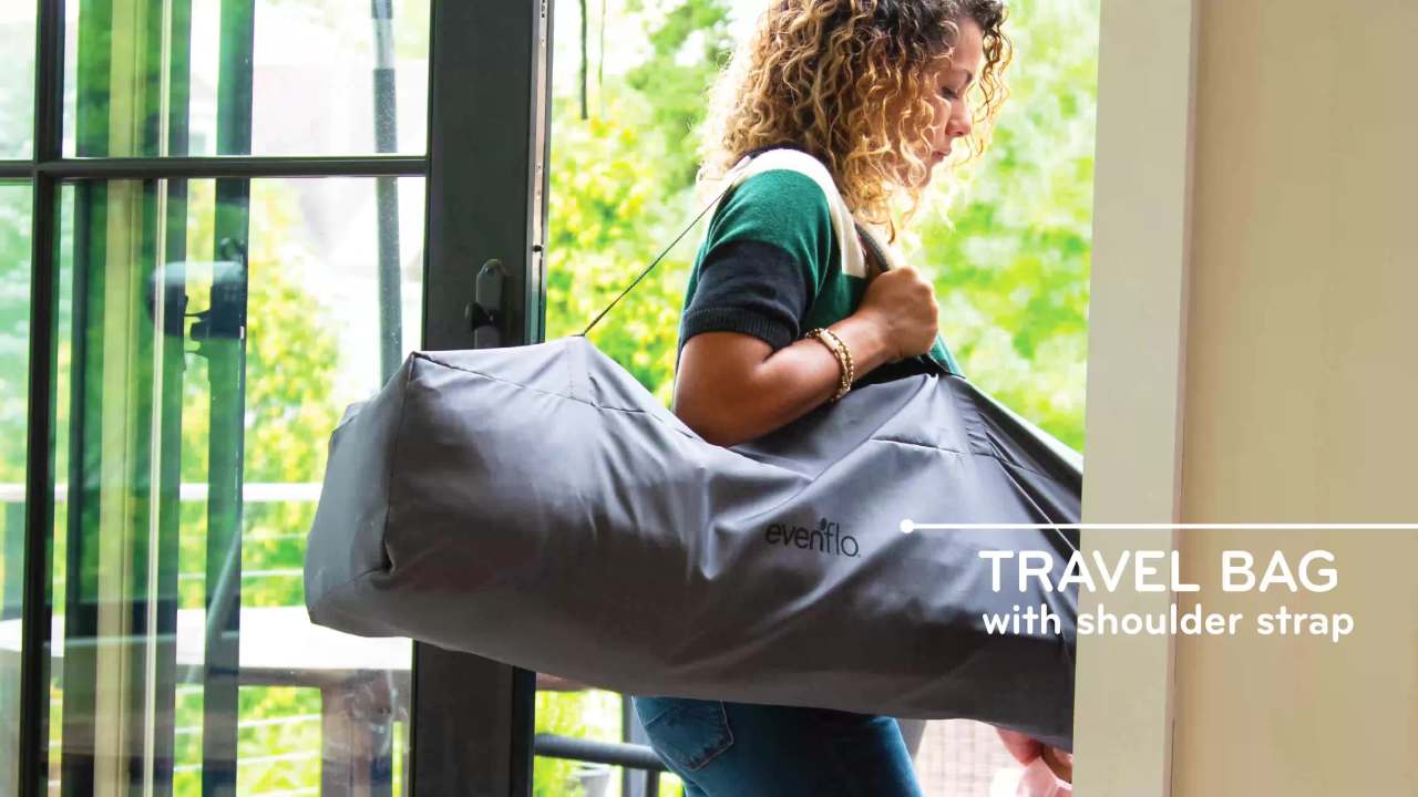 thumbnail video image 2 of Evenflo Play-Away Portable Playard Lite , Cedar Park Blue, Unisex, 2 of 9