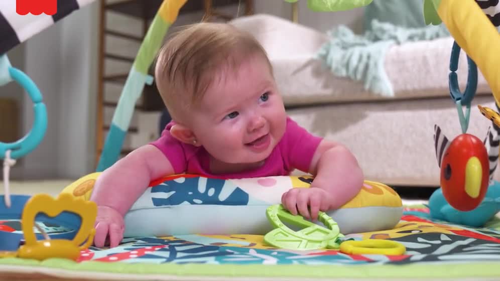 thumbnail video image 2 of Fisher-Price 3-in-1 Rainforest Sensory Gym Tummy Wedge with 6 Baby Toys Newborn to Toddler, 2 of 8
