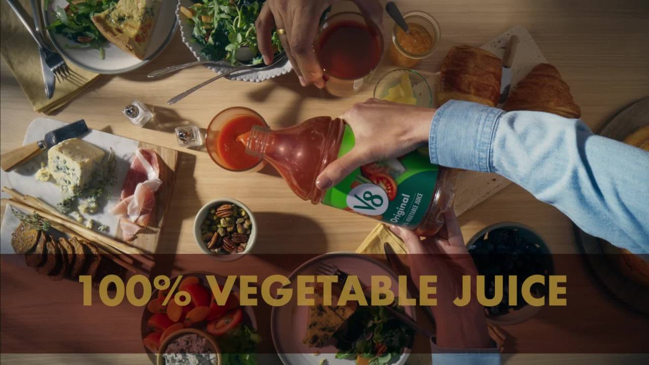 thumbnail video image 2 of (4 pack) V8 Spicy Hot 100% Vegetable Juice, 11.5 fl oz Can, 24 Count (4 Packs of 6), 2 of 13