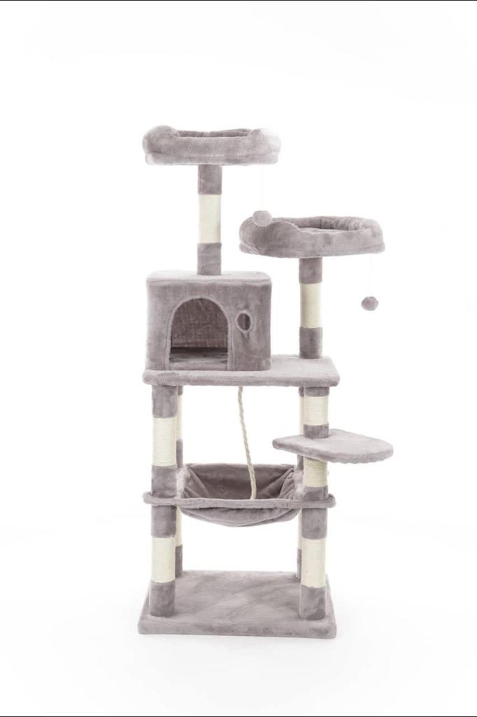 thumbnail video image 2 of TRIXIE Eduardo Plush & Sisal 4-Level 57.1" Cat Tree with Scratching Posts & Condo, Gray, 2 of 9