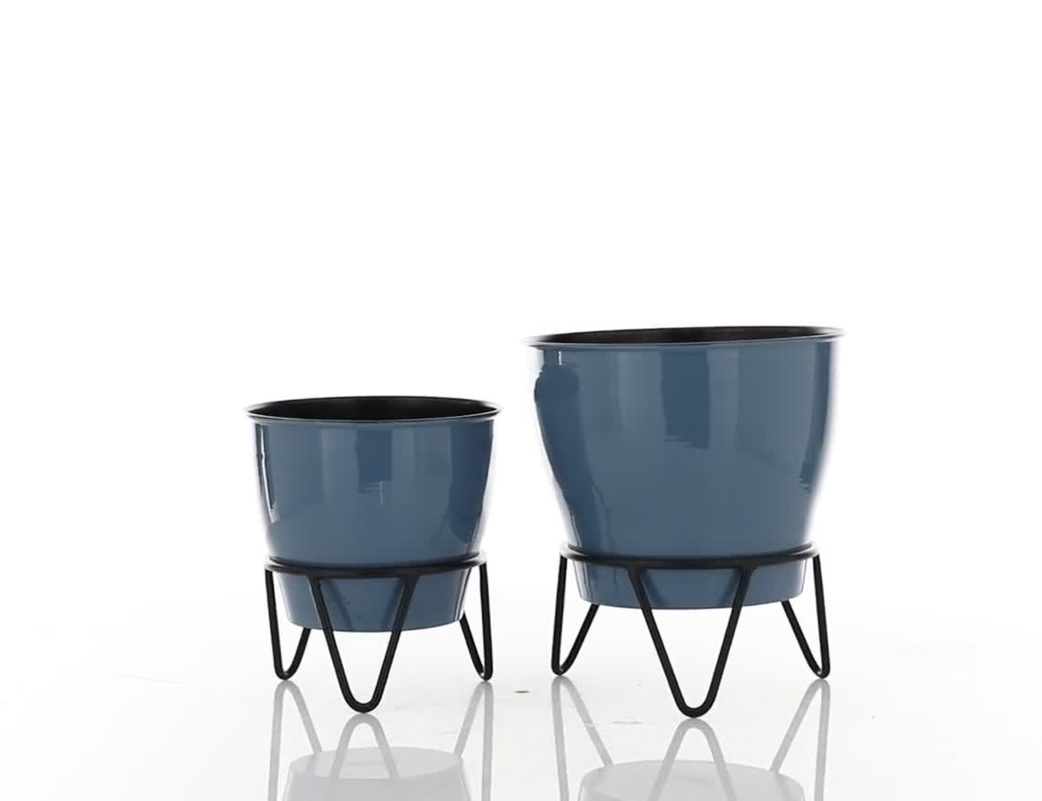 thumbnail video image 2 of DecMode 11", 9"H Blue Metal Planter (2 Count), 2 of 10