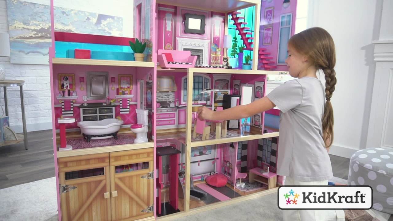 thumbnail video image 2 of KidKraft Shimmer Mansion Wooden Dollhouse with 30 Accessories, Ages 4 & up, 2 of 10