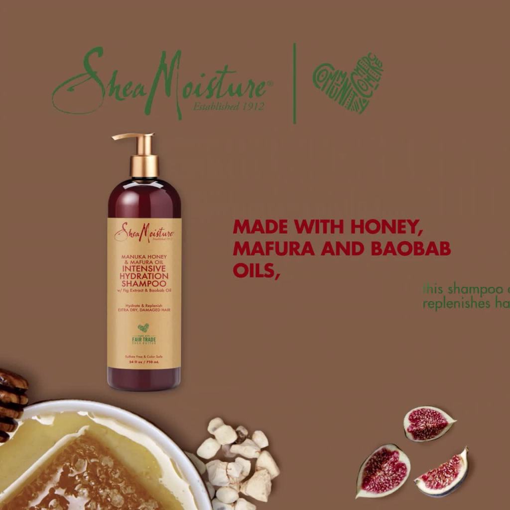 thumbnail video image 3 of SheaMoisture Intensive Hydration Shampoo For Extra Dry Damaged Hair, Manuka Honey & Mafura Oil, Sulfate-Free, 24 fl oz, 3 of 12