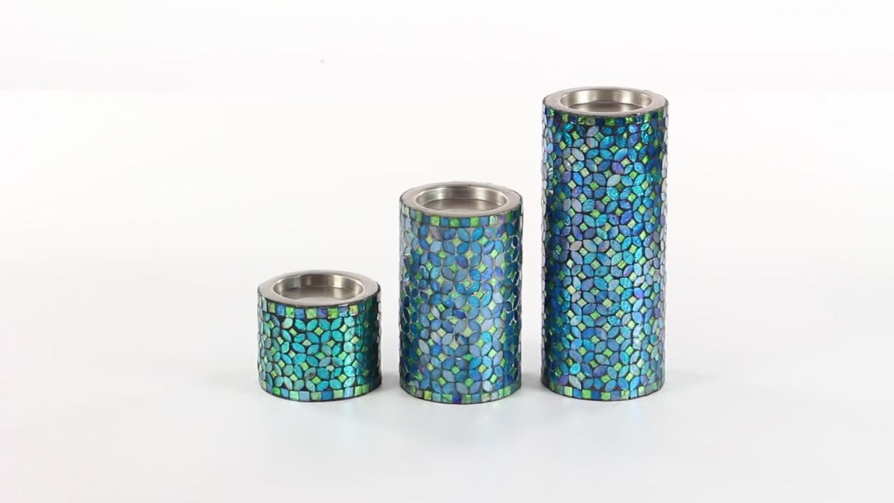 thumbnail video image 2 of DecMode 3 Candle Teal Metal Handmade Candle Holder with Mosaic Pattern, Set of 3, 2 of 11