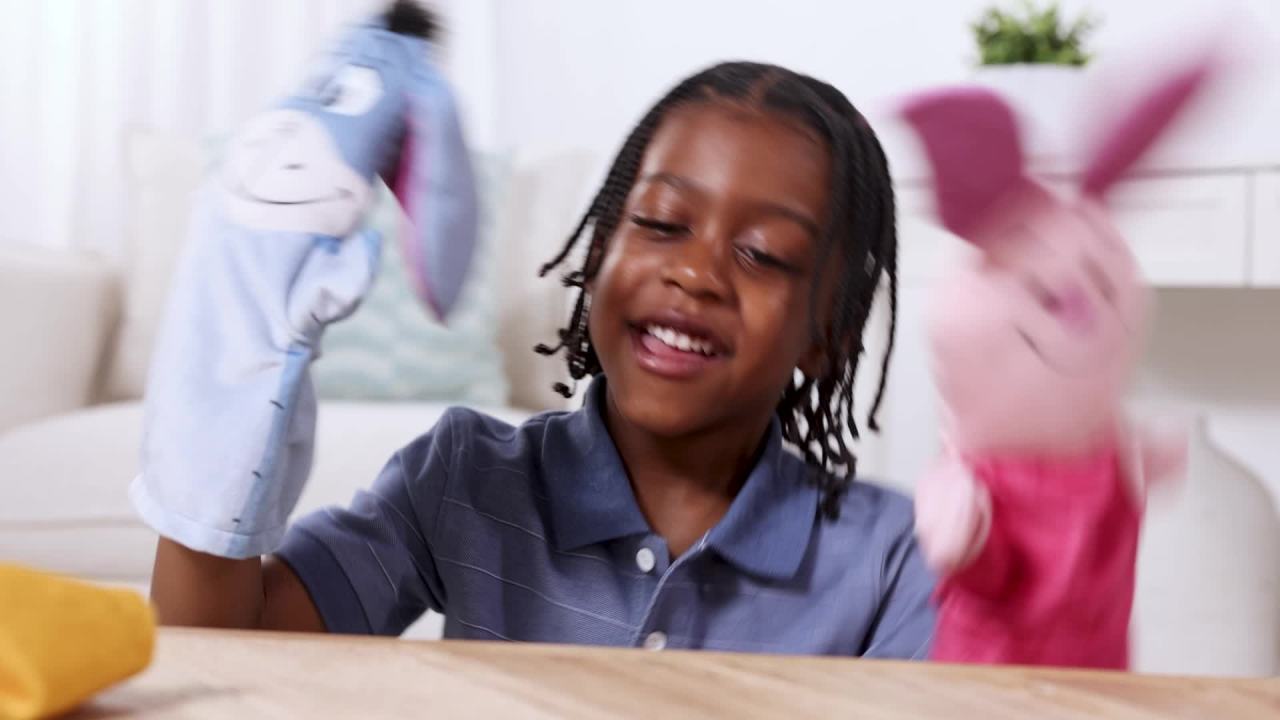 thumbnail video image 2 of Melissa & Doug Disney Winnie the Pooh Soft & Cuddly Hand Puppets, 2 of 10