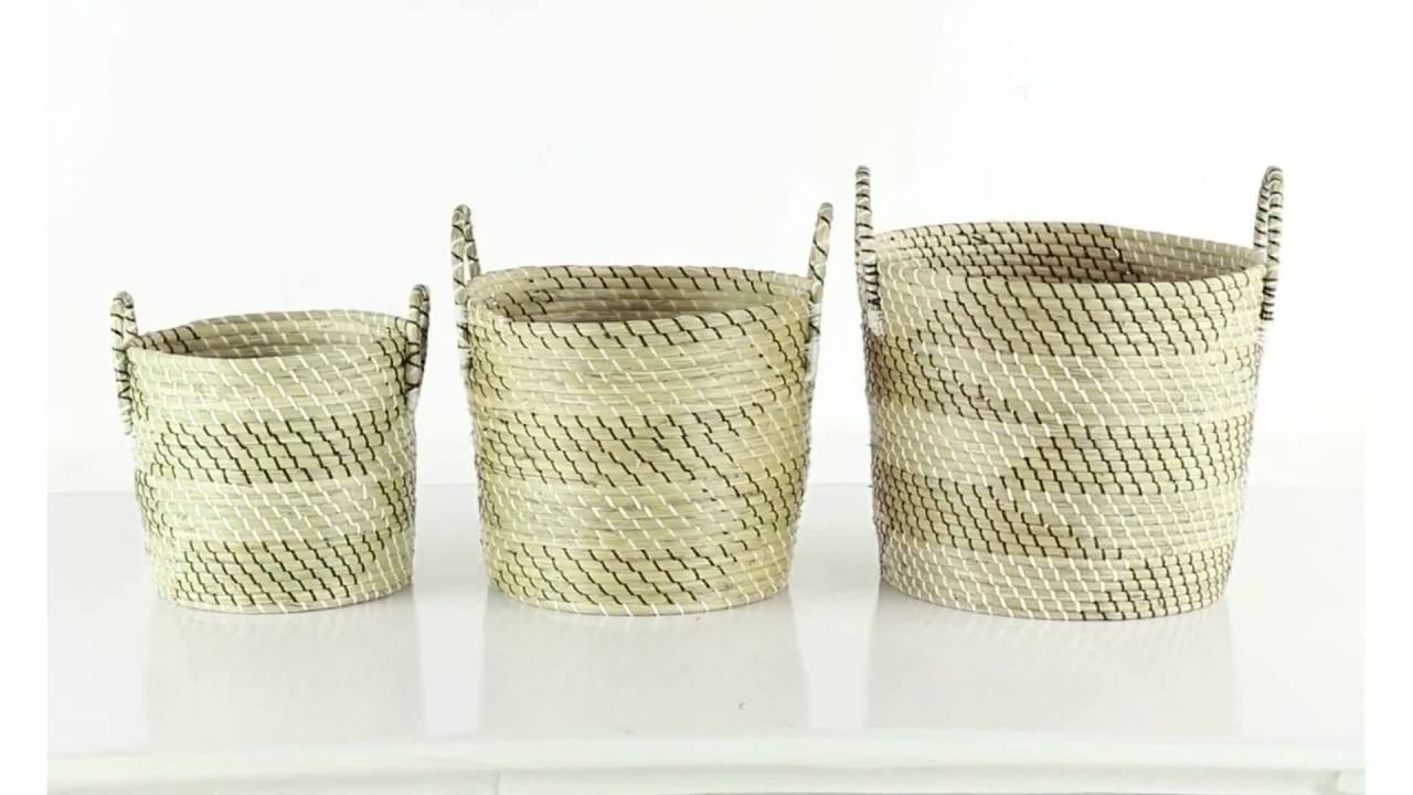 thumbnail video image 2 of DecMode 14", 17", 19"H Beige Seagrass Handmade Woven Storage Basket with Black and White Zig Zag Pattern, 3-Pieces, 2 of 15