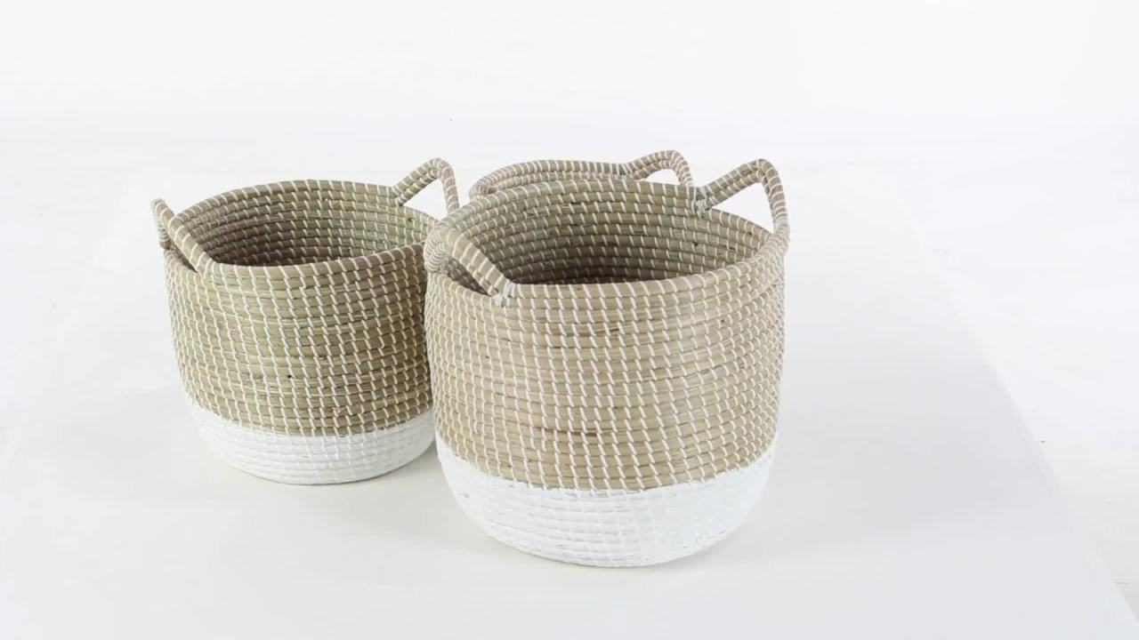 thumbnail video image 2 of CosmoLiving by Cosmopolitan 13", 16", 18"W Brown Seagrass Handmade Two Toned Storage Basket with Handles, 3-Pieces, 2 of 20