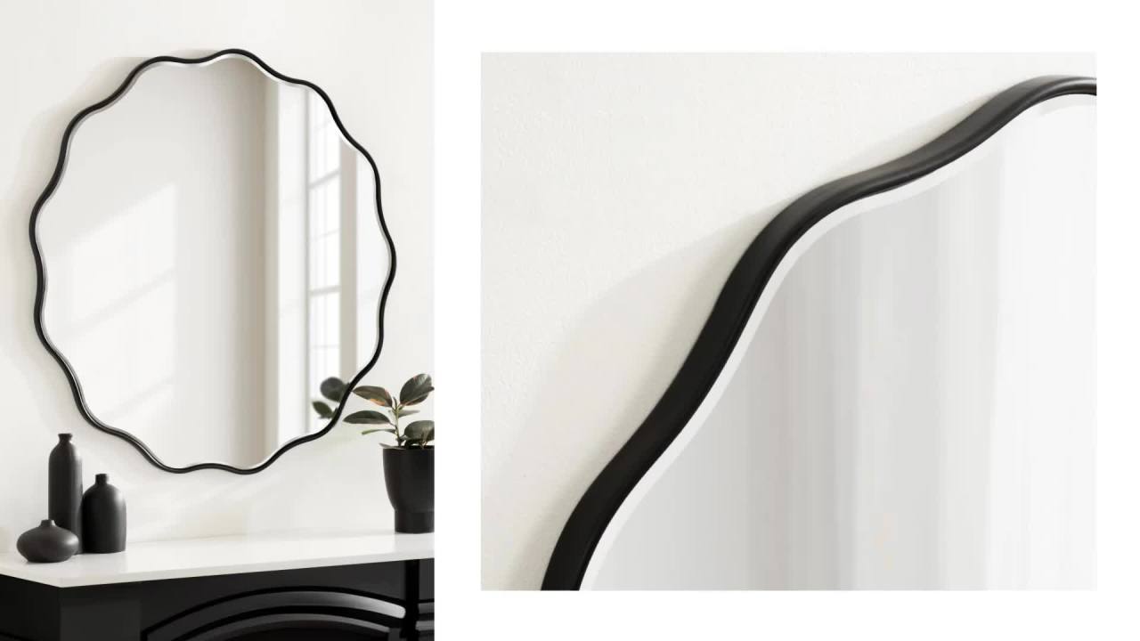 thumbnail video image 2 of Kate and Laurel Viona Modern Scalloped Rectangle Mirror, 24 x 36, Navy Blue, Decorative Bathroom Mirror for Over Sink with Unique Rippled Edge for Wavy Wall Decor Accent, 2 of 9