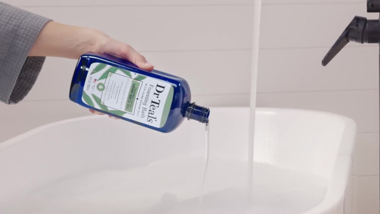 thumbnail video image 3 of Dr Teal's Epsom Salt Magnesium Soak, Cannabis Sativa Hemp Seed Oil, 3 lbs, 3 of 10