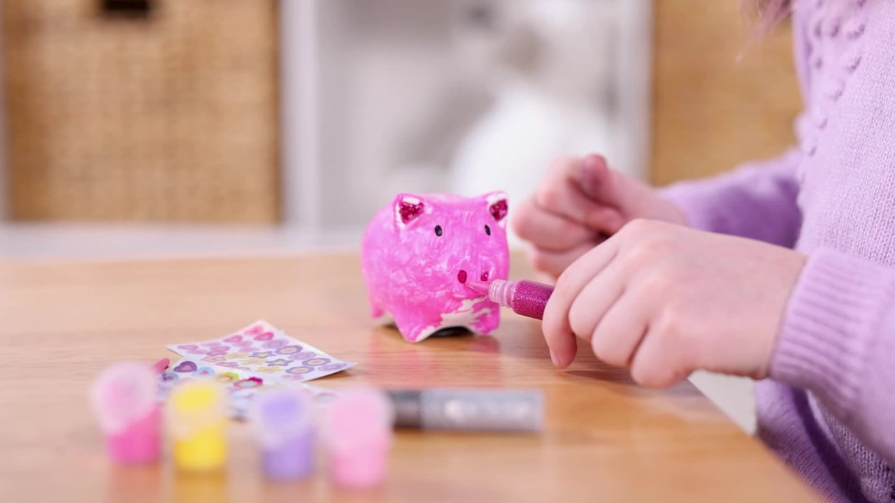 thumbnail video image 2 of Melissa & Doug Created by Me! Piggy Bank Craft Kit with 4 Pots of Paint, Brush, Glitter, Stickers, 2 of 10