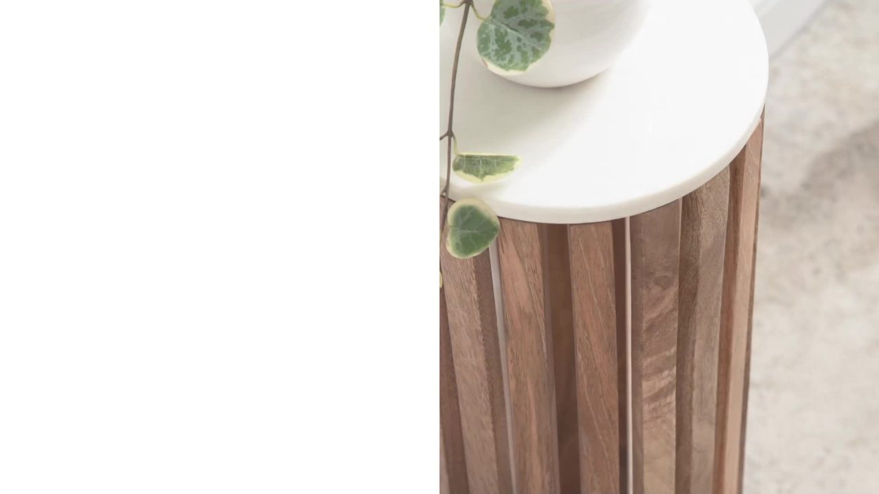 thumbnail video image 2 of Kate and Laurel Paynter Marble Drink Table, 9 x 24, White and Black, Tall Slatted Plant Stand Table with Marble Top for Use as Accent Living Room Table, 2 of 8