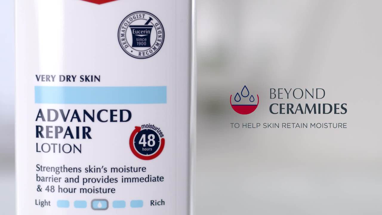 thumbnail video image 2 of (3 pack) Eucerin Advanced Repair Body Cream for Very Dry Skin, 48-Hour Moisturizer, Fragrance Free, 16 oz, 2 of 16