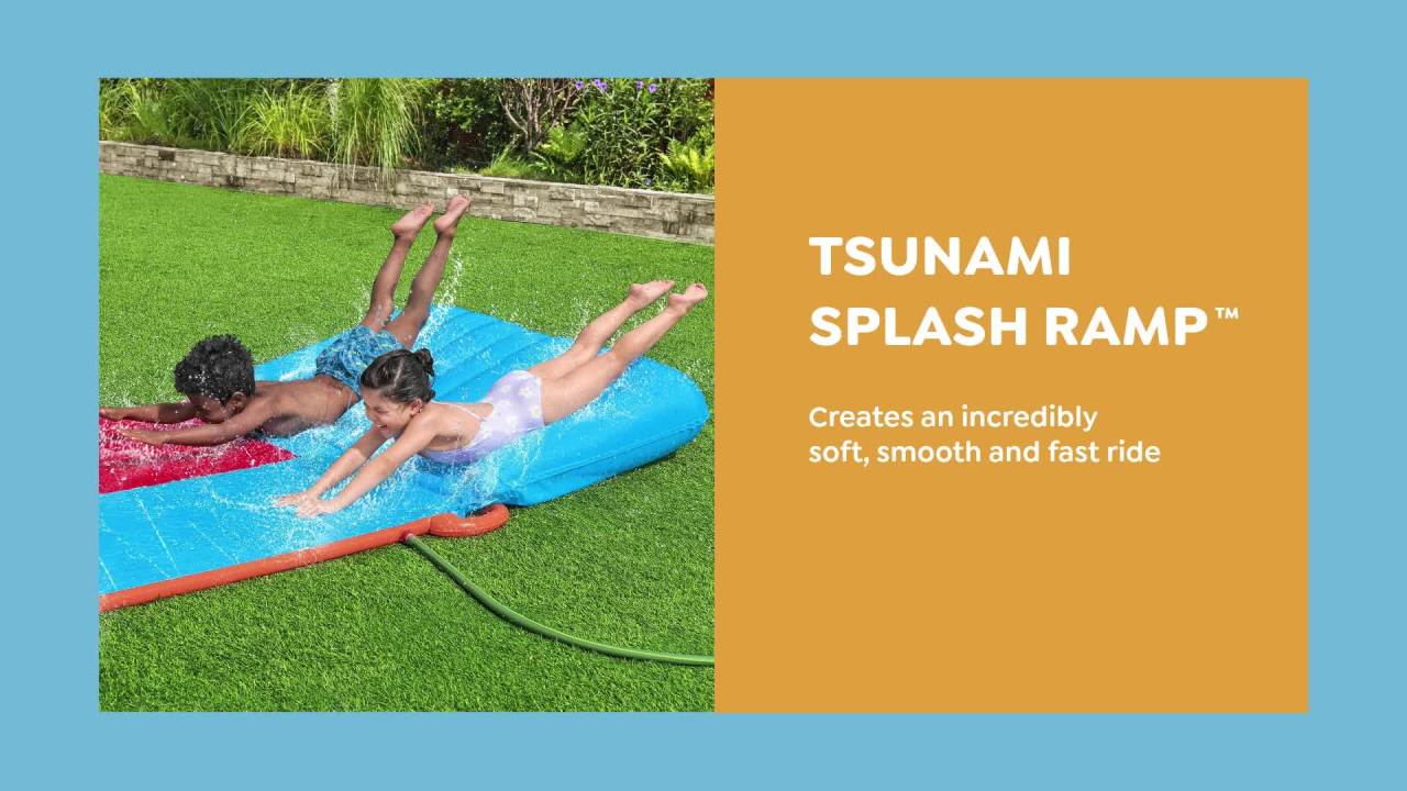 thumbnail video image 2 of H2OGO! Child Double Lane Water Slide with Tsunami Splash Ramp 16', 2 of 10