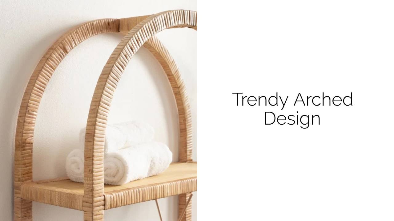 thumbnail video image 2 of Kate and Laurel Rahmati Modern Arched Rattan Wall Shelf, 18 x 7 x 30, Natural Rattan, Boho Arch Wall Shelves for Over-the-Toilet Storage or Dorm Room Storage Shelf, 2 of 9