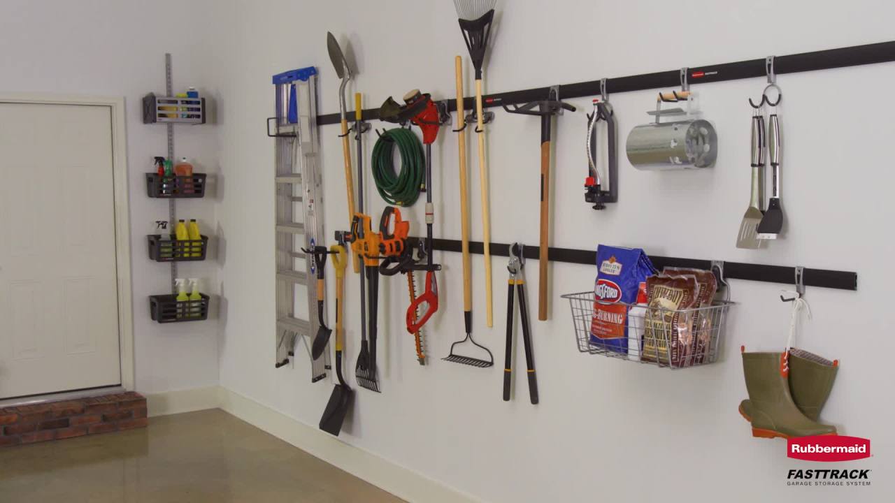 thumbnail video image 3 of Rubbermaid Garage FastTrack Rail Vertical Ball Rack, Satin Nickel, 3 of 8