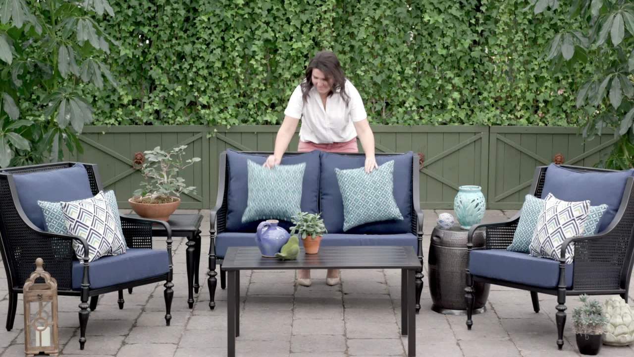 thumbnail video image 2 of ARDEN Outdoor Deep Seating Cushion Set 24 x 24, Sapphire Blue Leala, 2 of 13