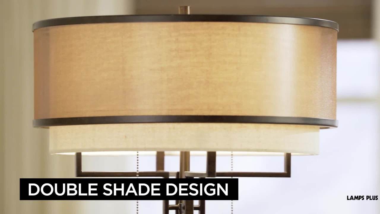 thumbnail video image 2 of Franklin Iron Works Alamo Industrial Rustic Floor Lamp 62" Tall Bronze Metal Sheer Organza Outer Linen Fabric Inner Double Drum Shade for Living Room, 2 of 10