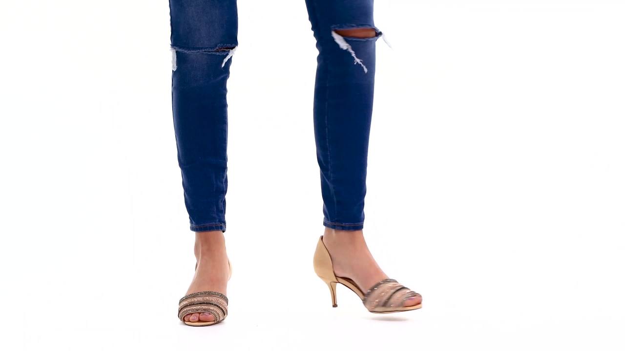 thumbnail video image 2 of Womens Salem Satin D'orsay Peep-toe Rhinestone High Heels, 2 of 6