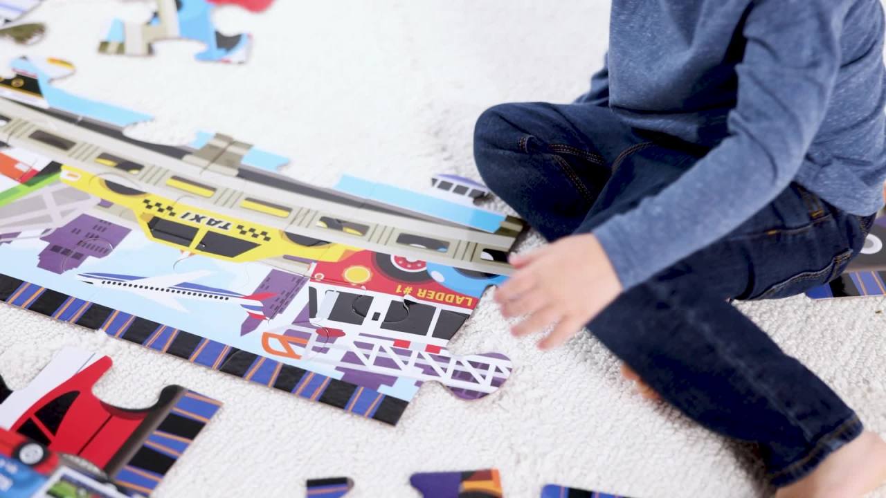 thumbnail video image 2 of Melissa & Doug Traffic Jam Jumbo Jigsaw Floor Puzzle (24 pcs, 2 x 3 feet long) - FSC Certified, 2 of 10