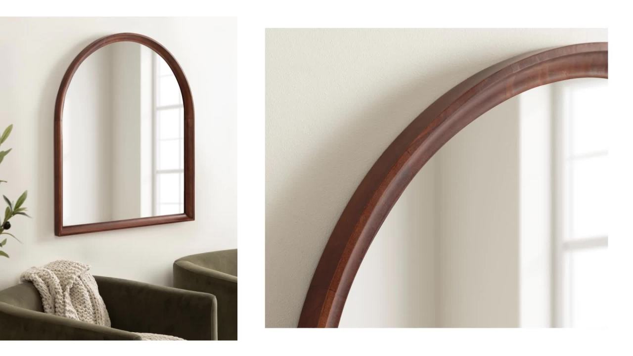thumbnail video image 2 of Kate and Laurel Hatherleigh Modern Transitional Arched Wooden Wall Mirror, 32 x 36, Walnut Brown, Decorative Wood Wide Arch Mirror for Use as Vanity Bathroom Accent or Living Room Mantel Decor, 2 of 9