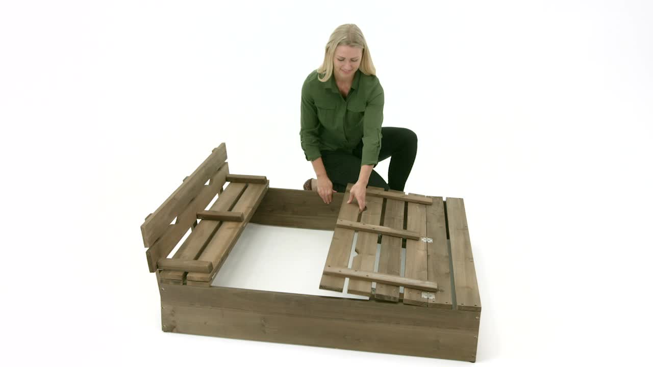 thumbnail video image 2 of Covered Convertible Cedar Sandbox with Two Bench Seats - Natural/Green, 2 of 10