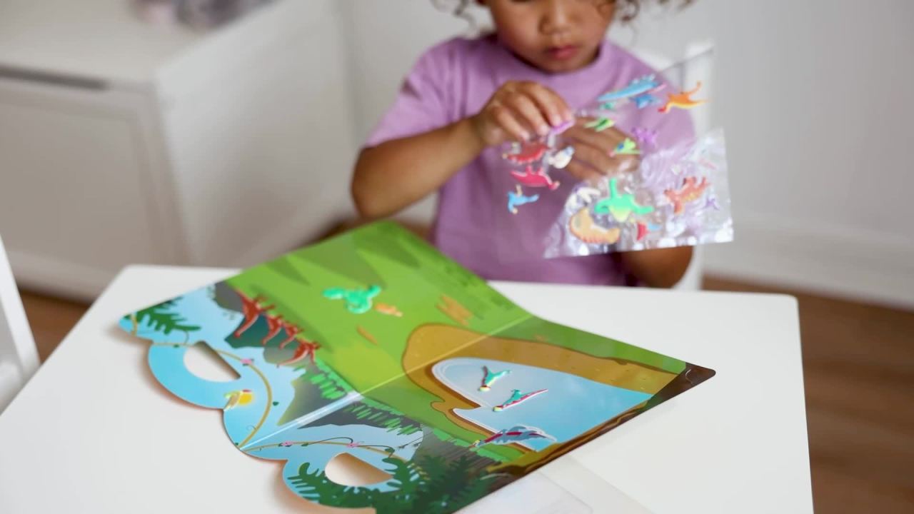thumbnail video image 2 of Melissa & Doug Dinosaur Puffy Sticker Play Set Travel Toy with Double-Sided Background, 36 Reusable Puffy Stickers - FSC Certified, 2 of 10