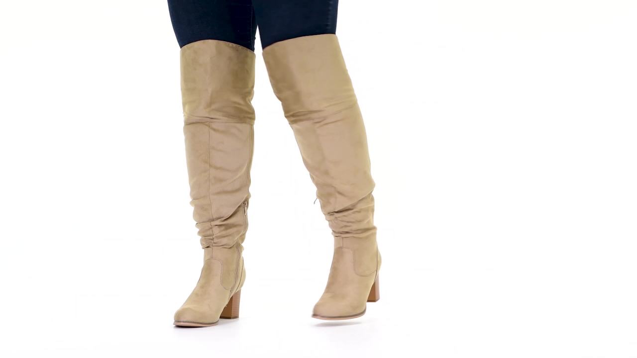 thumbnail video image 2 of Journee Womens Kaison Extra Wide Calf Stacked Heel Over The Knee Boots, 2 of 10