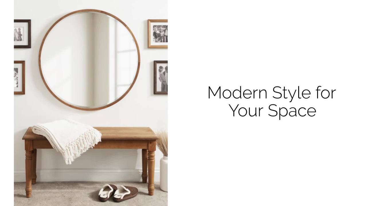 thumbnail video image 2 of Kate and Laurel McLean Mid-Century Wood Framed Wall Mirror, 30 inch Diameter, Walnut Brown, Decorative Modern Round Mirror, 2 of 8