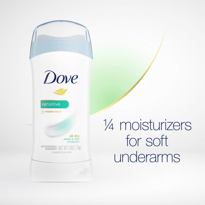 thumbnail video image 2 of Dove Sensitive Sweat and Odor Protection Women's Antiperspirant Deodorant Stick, 2.6 oz, 2 of 8