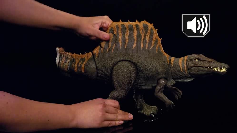 thumbnail video image 3 of Jurassic World Rebirth Tail Thrasher Spinosaurus Action Figure, Dinosaur Toy with 2 Attack Moves, 3 of 12