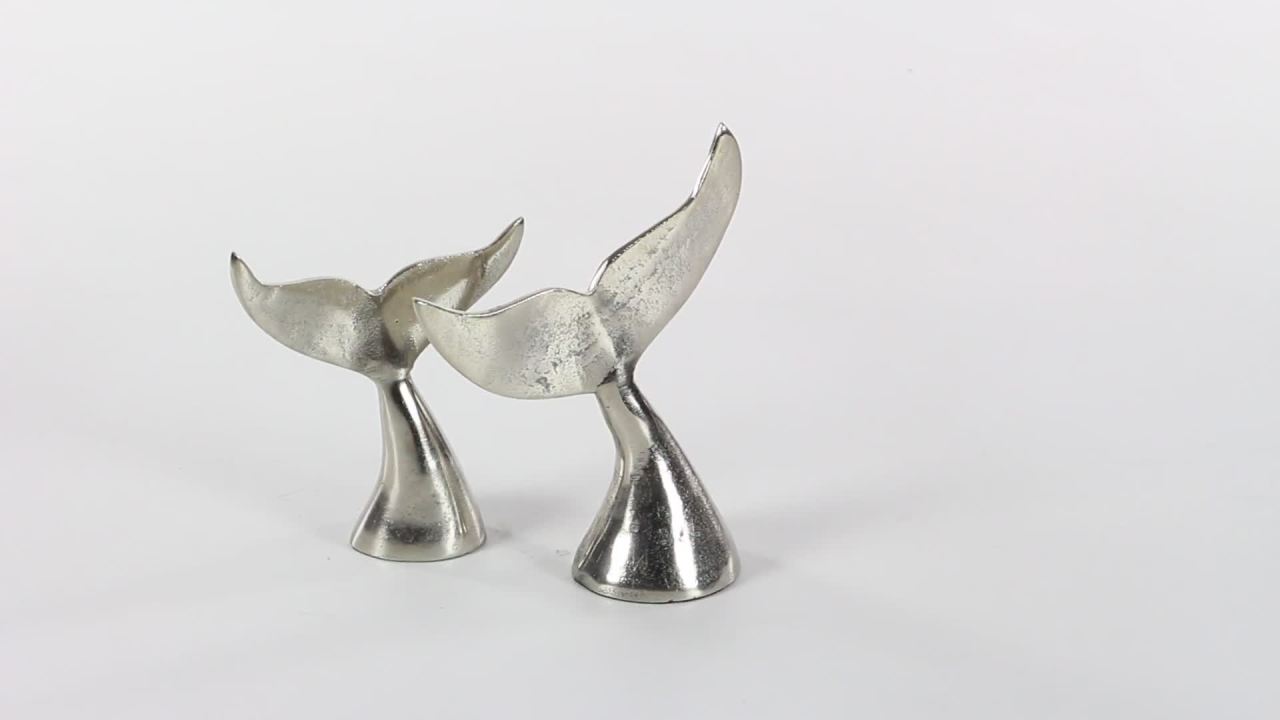 thumbnail video image 2 of 7", 10"H Silver Aluminum Metal Whale Sculpture, by DecMode (2 Count), 2 of 13