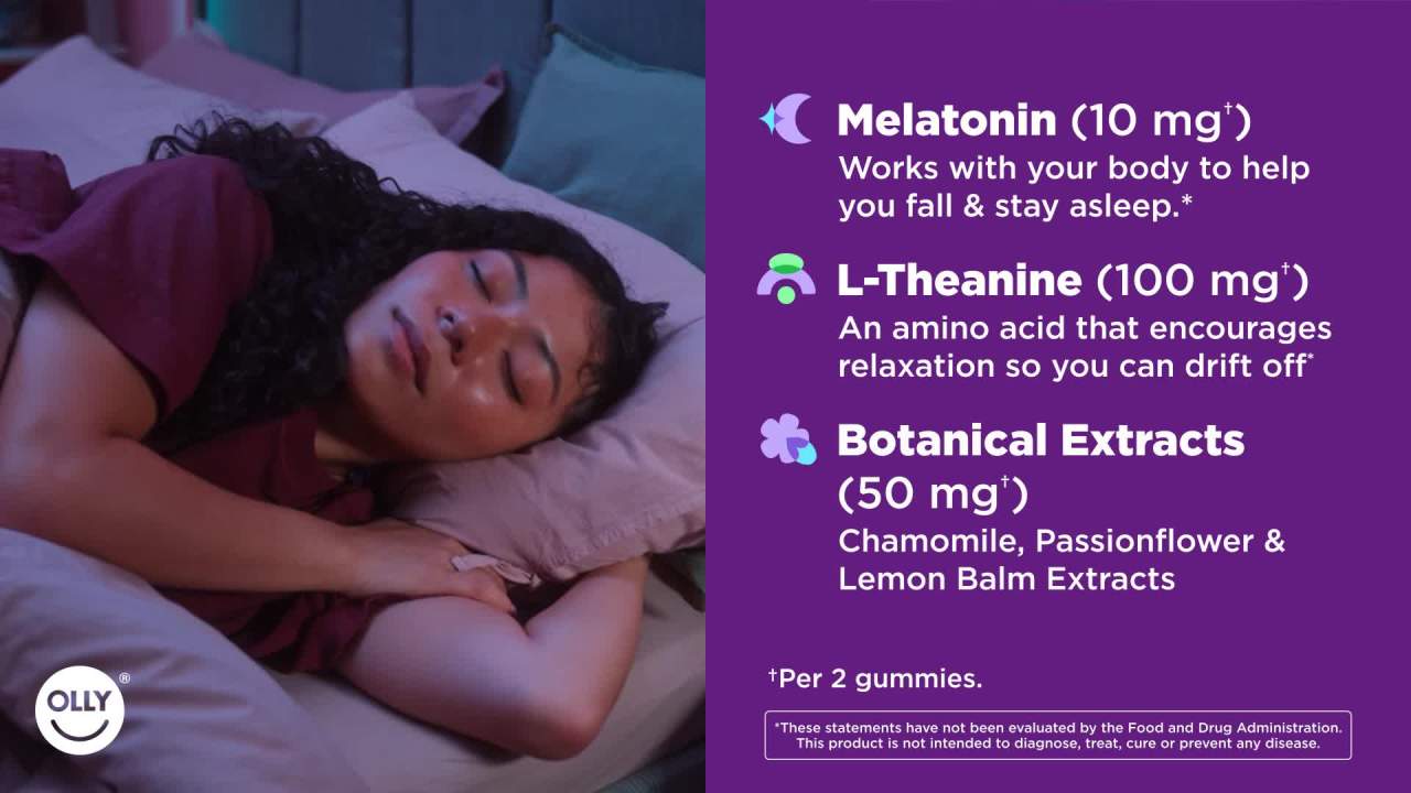 thumbnail video image 3 of OLLY Maximum Strength Sleep Gummy Supplement, 10 mg Melatonin, L-Theanine, Strawberry Flavored, 50 Count, 3 of 17