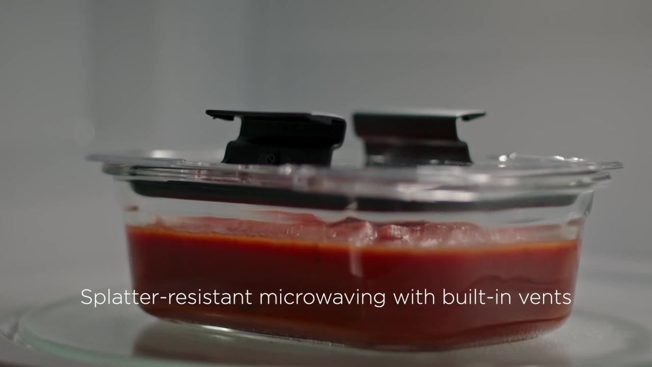 thumbnail video image 2 of Rubbermaid Brilliance Glass Set of 4 Food Storage Containers with Latching Lids, 3.2 Cups, 2 of 8