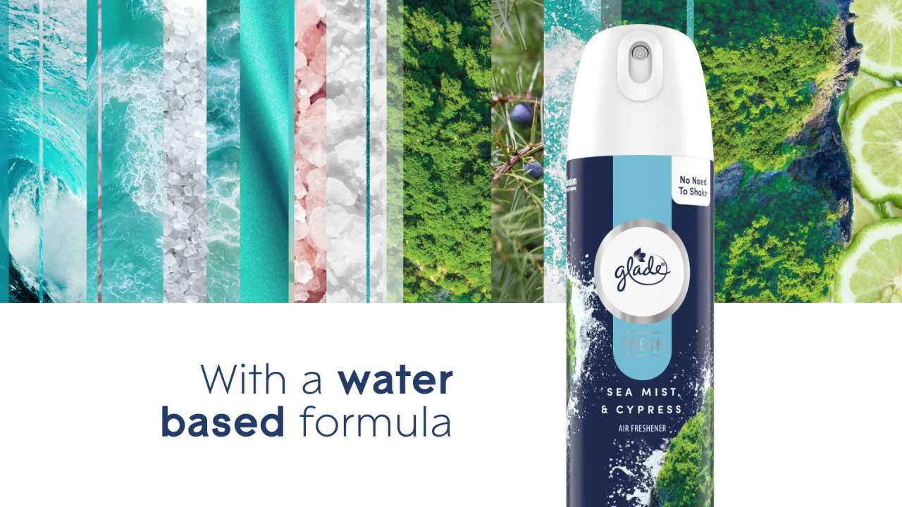 thumbnail video image 2 of Glade Air Freshener Spray, Sea Mist & Cypress, Fresh Colle Countion, Fragrance Infused with Essential Oils, 100% Natural Propellent, 8 oz, 2 of 13