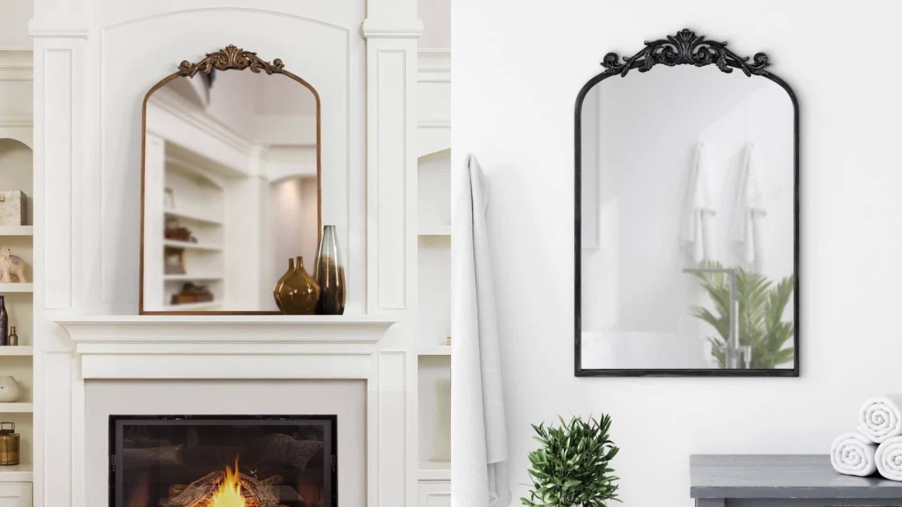 thumbnail video image 2 of Kate And Laurel Arendahl Traditional Arch Wall Mirror, 19 x 31, Antique White, Vintage Glam Baroque-Inspired Arched Bathroom Vanity Mirror with Ornate Crown, 2 of 9
