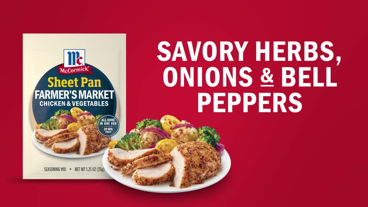 thumbnail video image 2 of McCormick Farmer's Market Chicken & Vegetables One Sheet Pan Seasoning Mix, 1.25 oz Packet, 2 of 15