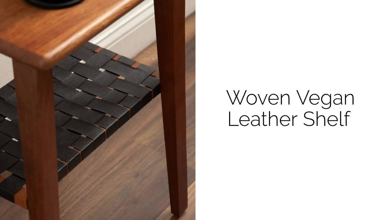 thumbnail video image 2 of Kate and Laurel Woebeck Modern Rectangle Wood Side Table, 18 x 14 x 25, Walnut Brown and Black, Transitional Two-Tier End Table with Vegan Leather Shelf for Bedroom Nightstand or Living Room Accent, 2 of 10