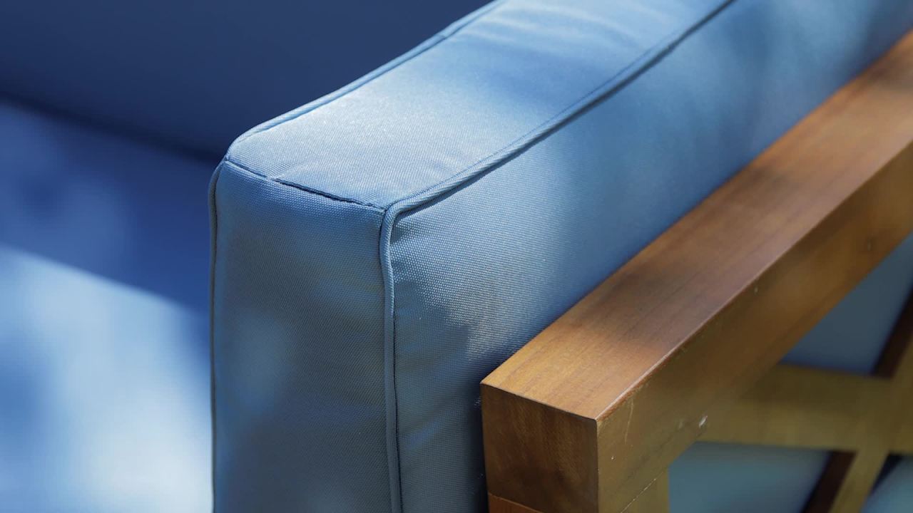 thumbnail video image 2 of GDF Studio Calle 4 Piece Outdoor Acacia Wood Sectional Set, Teak and Blue, 2 of 8